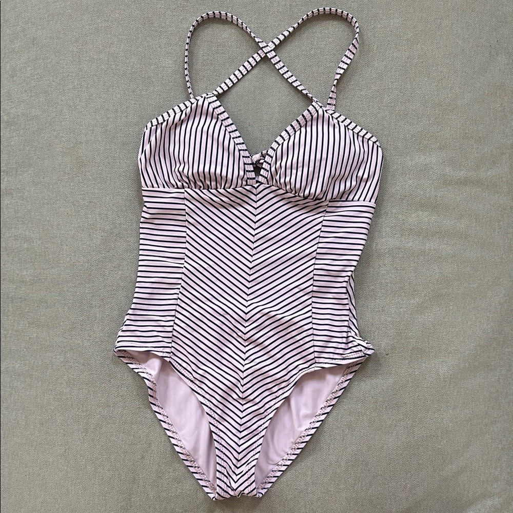 Pinup Style Pink & Navy Striped Women’s One-Piece Swimsuit XS